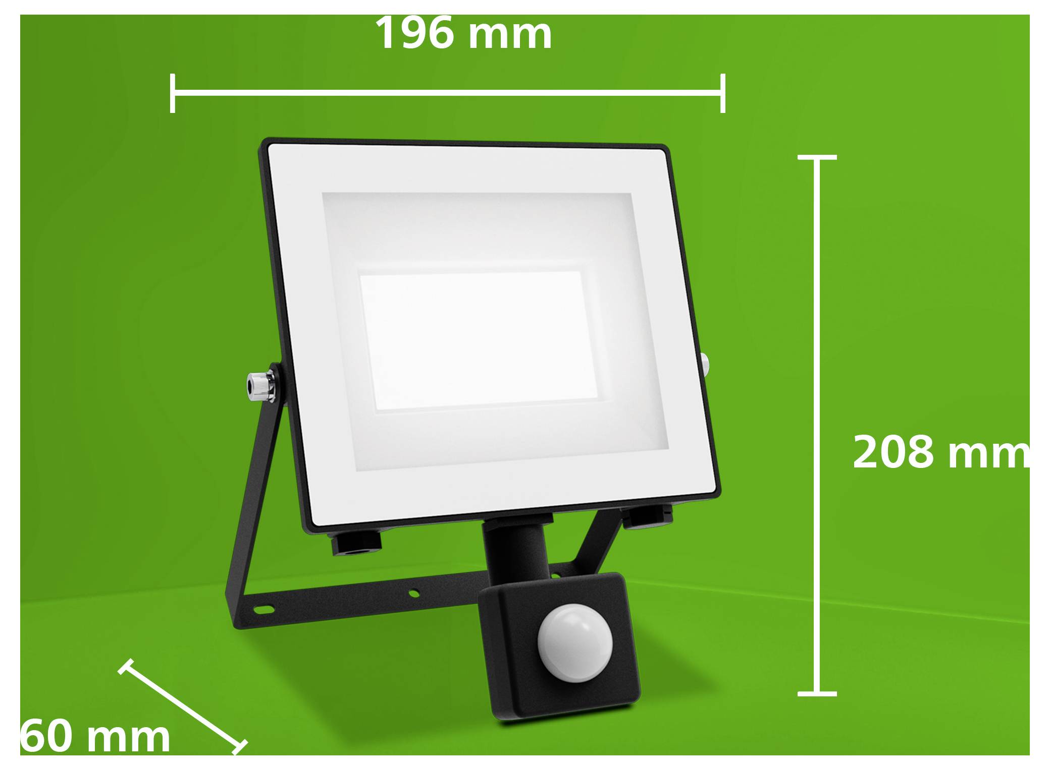 Diagramm einer rechteckigen LED-Flutlicht mit Bewegungsmelder, mit beschrifteten Abmessungen 196 mm breit, 208 mm hoch und 60 mm tief.