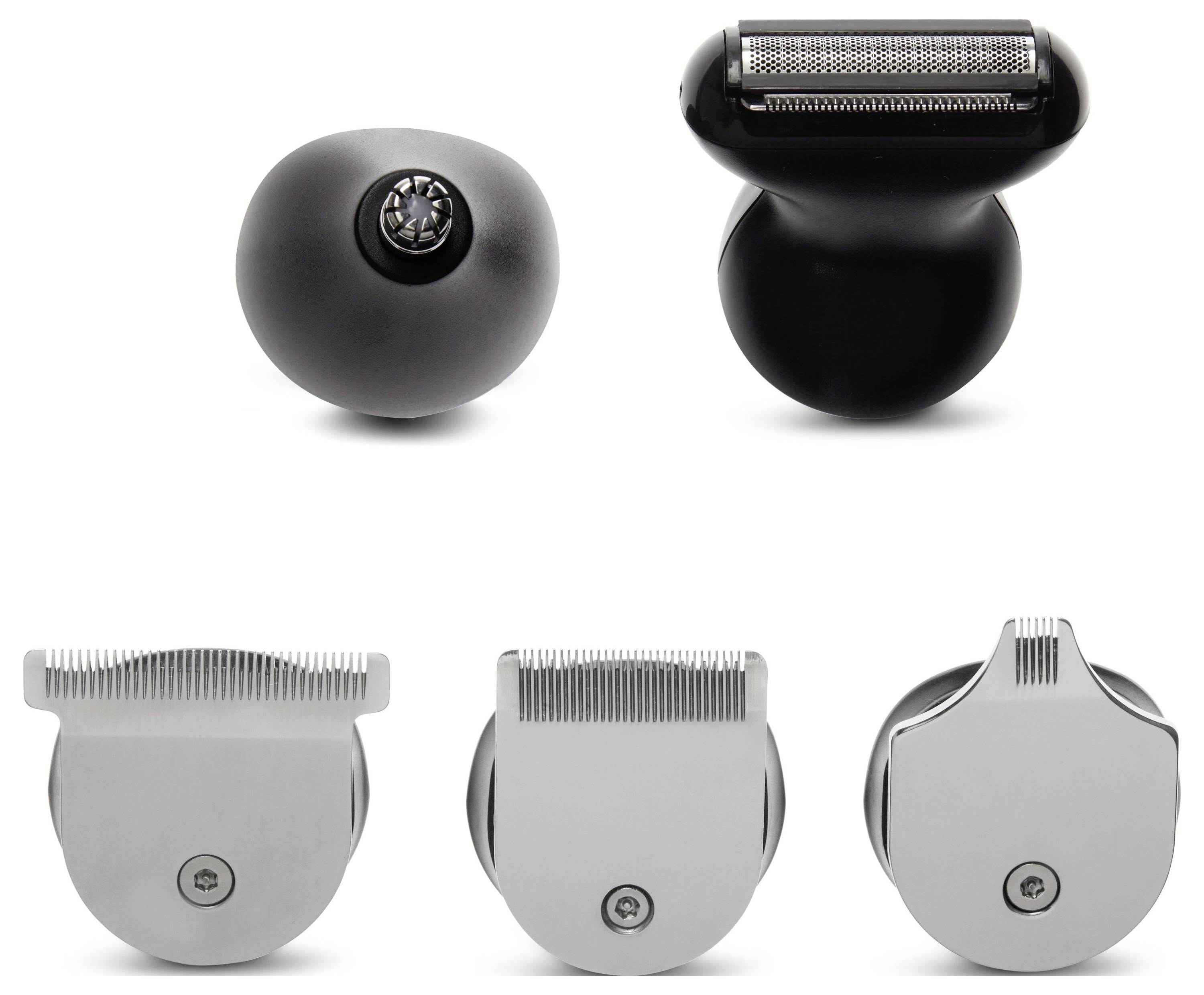Fünf Rasieraufsätze in verschiedenen Formen und Funktionen, darunter Scherköpfe und Trimmer, auf weißem Hintergrund dargestellt.