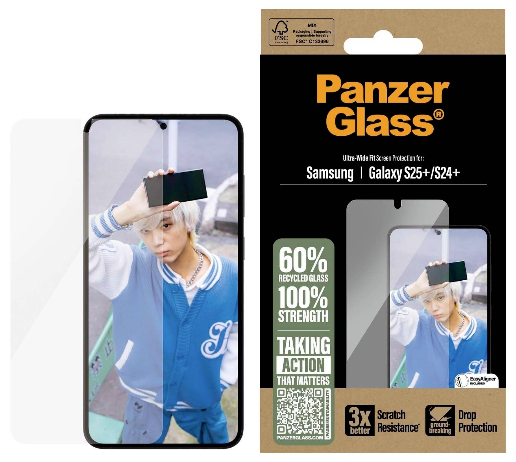 Verpackung eines PanzerGlass-Bildschirmschutzes für Samsung Galaxy S25+/S24+ mit recyceltem Glas. Zeigt eine Person mit blauer Jacke.