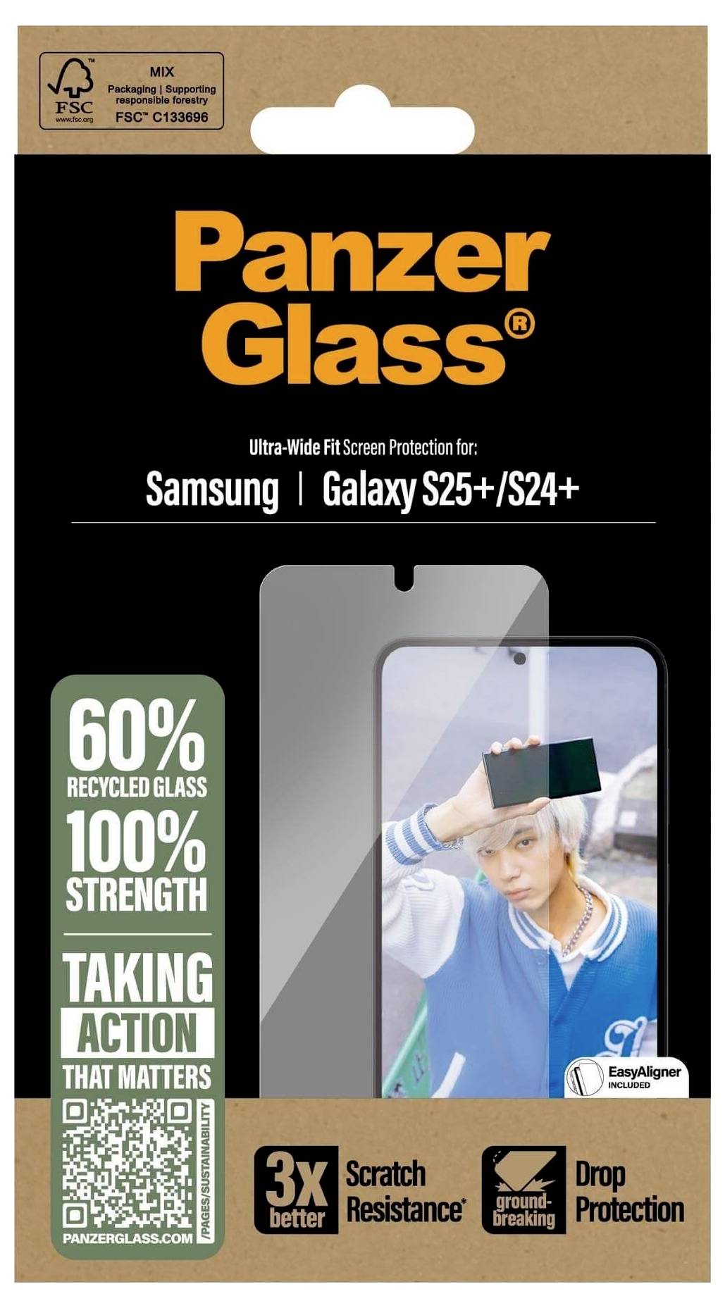 Verpackung für PanzerGlass Displayschutz für Samsung Galaxy S25+/S24+. Enthält 60% recyceltes Glas und verspricht 3-fachen Schutz.