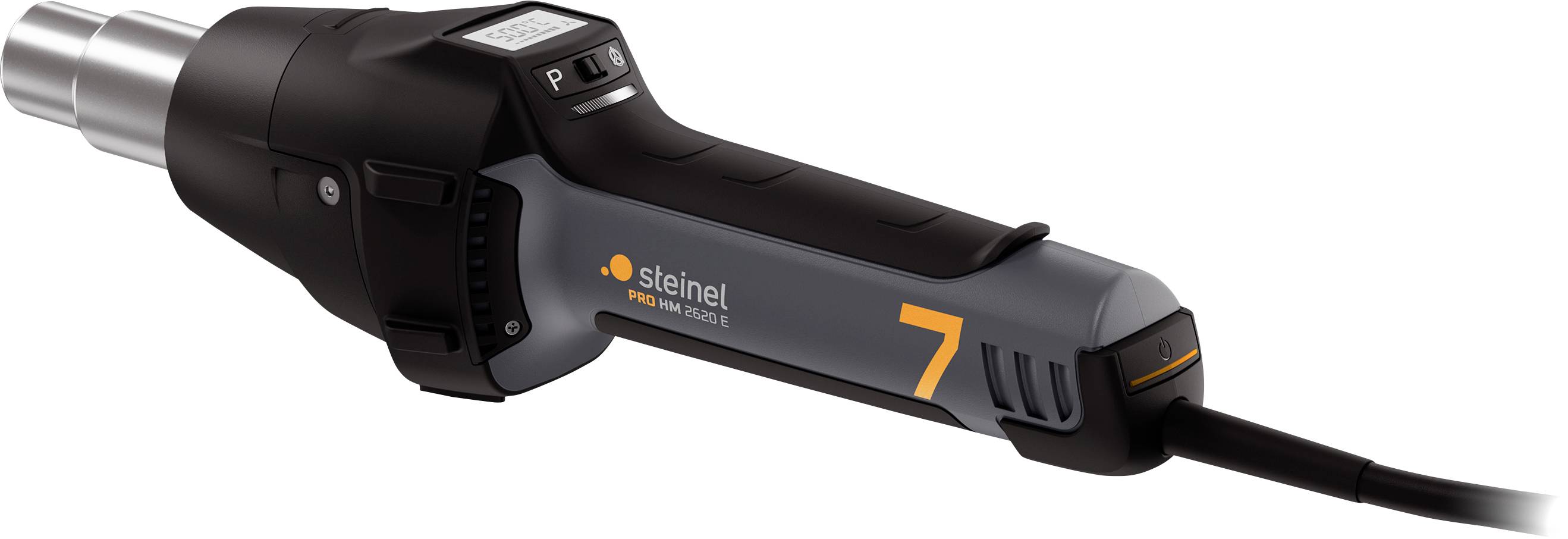 Schwarz-graues Heißluftgebläse mit Display und ergonomischem Griff, beschriftet mit 'Steinel' und der Nummer '7' in Orange.