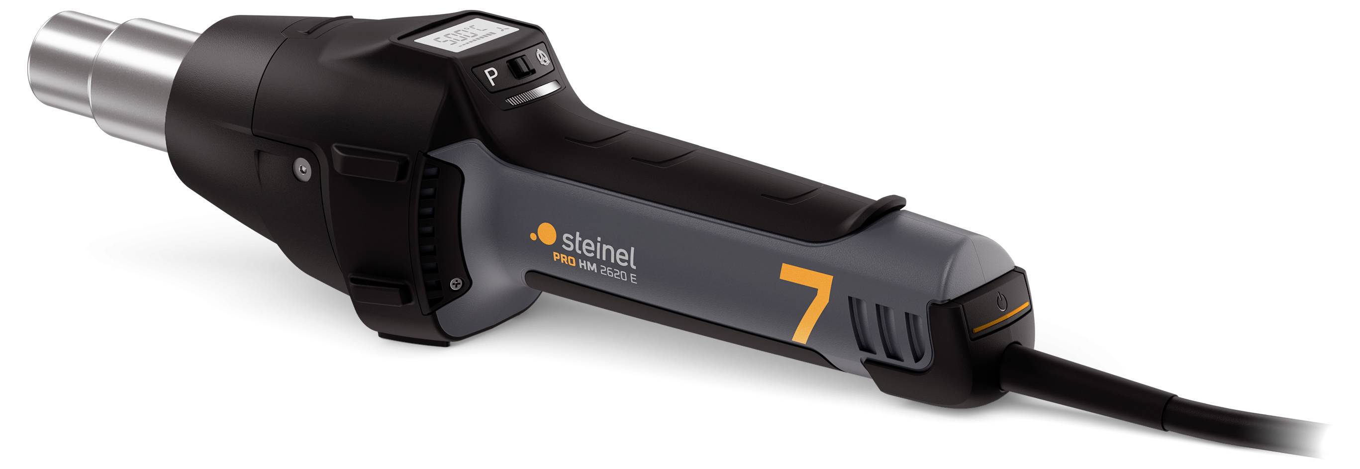 Heißluftgebläse mit digitalem Display und Bedienelementen auf der Oberseite, angezeigt in einer Seitenansicht.