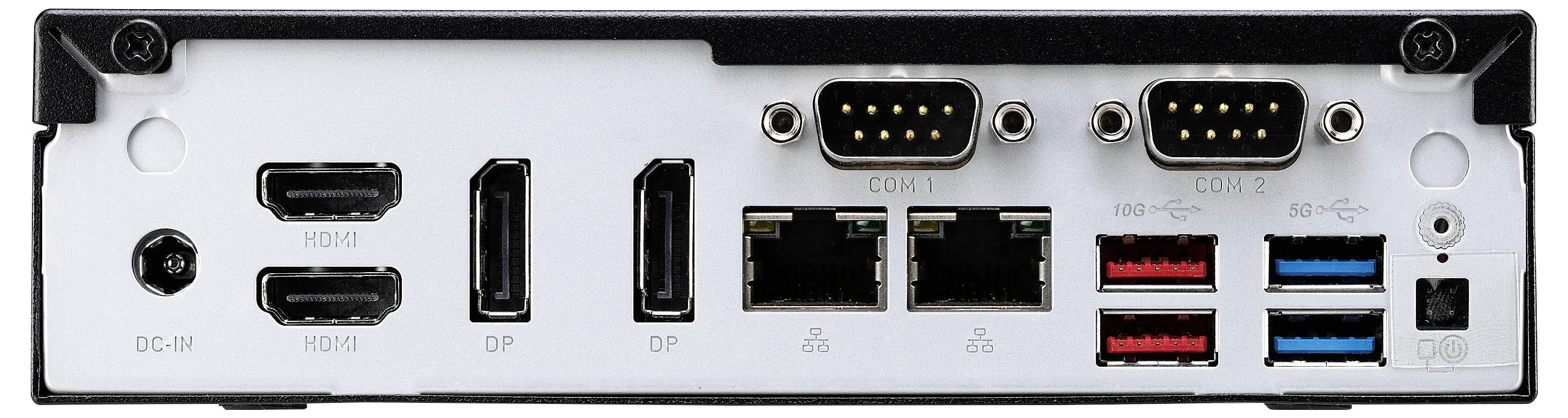 Rückseite eines Computer-Motherboards mit mehreren Anschlüssen: HDMI, DisplayPort, serielle und USB-Anschlüsse, LAN-Ports.