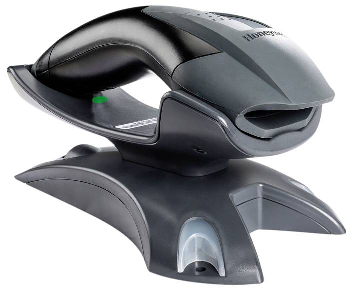 Ein drahtloser Barcodescanner auf einer Lade- und Dockingstation, bereit zur Nutzung.