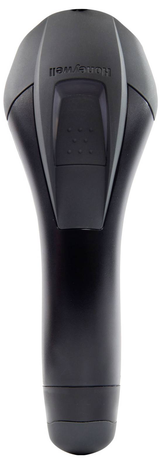 Ein schwarzes technisches Gerät mit ergonomischem Design, möglicherweise ein Handscanner, von oben betrachtet.