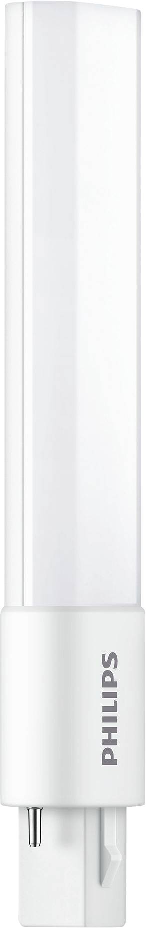 Eine weiße Philips LED-Lampe mit zylindrischer Form und zweipoligem Sockel, vertikal ausgerichtet.