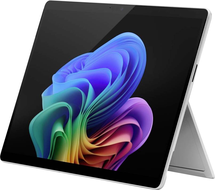 Ein Tablet mit einem aufgeklappten Ständer zeigt ein farbenfrohes, abstraktes Kunstwerk auf dem Bildschirm, das türkis, blau, lila und magenta enthält.