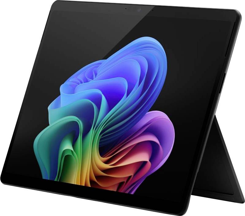 Ein Tablet mit einem bunten Bildschirmhintergrund zeigt eine abstrahierte, spiralförmige Figur. Das Gerät steht auf einem Ständer.