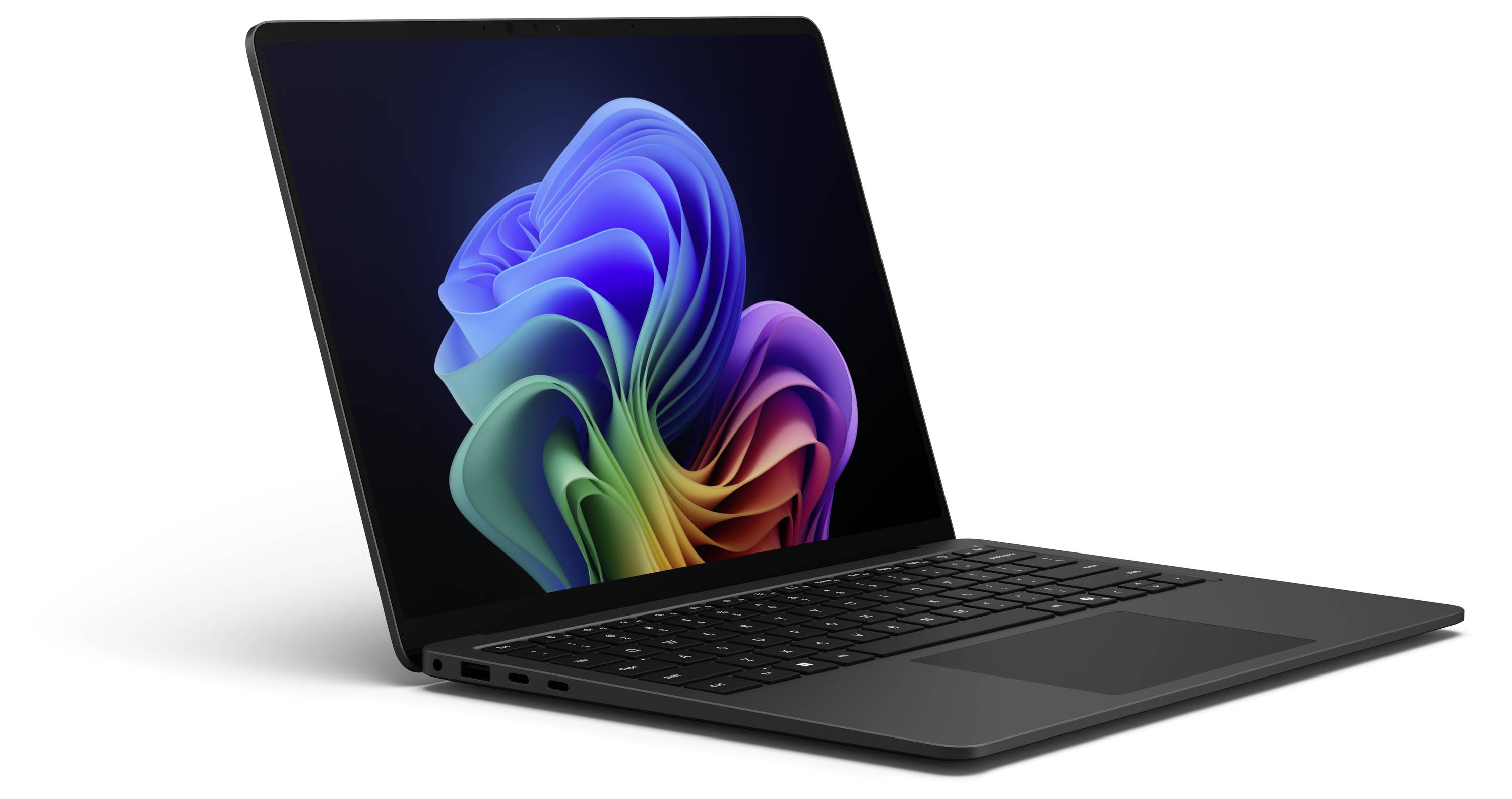 Ein geöffneter Laptop mit einem bunten, abstrakten Bild auf dem Bildschirm, das lebendige Farben zeigt. Der Laptop ist schwarz.