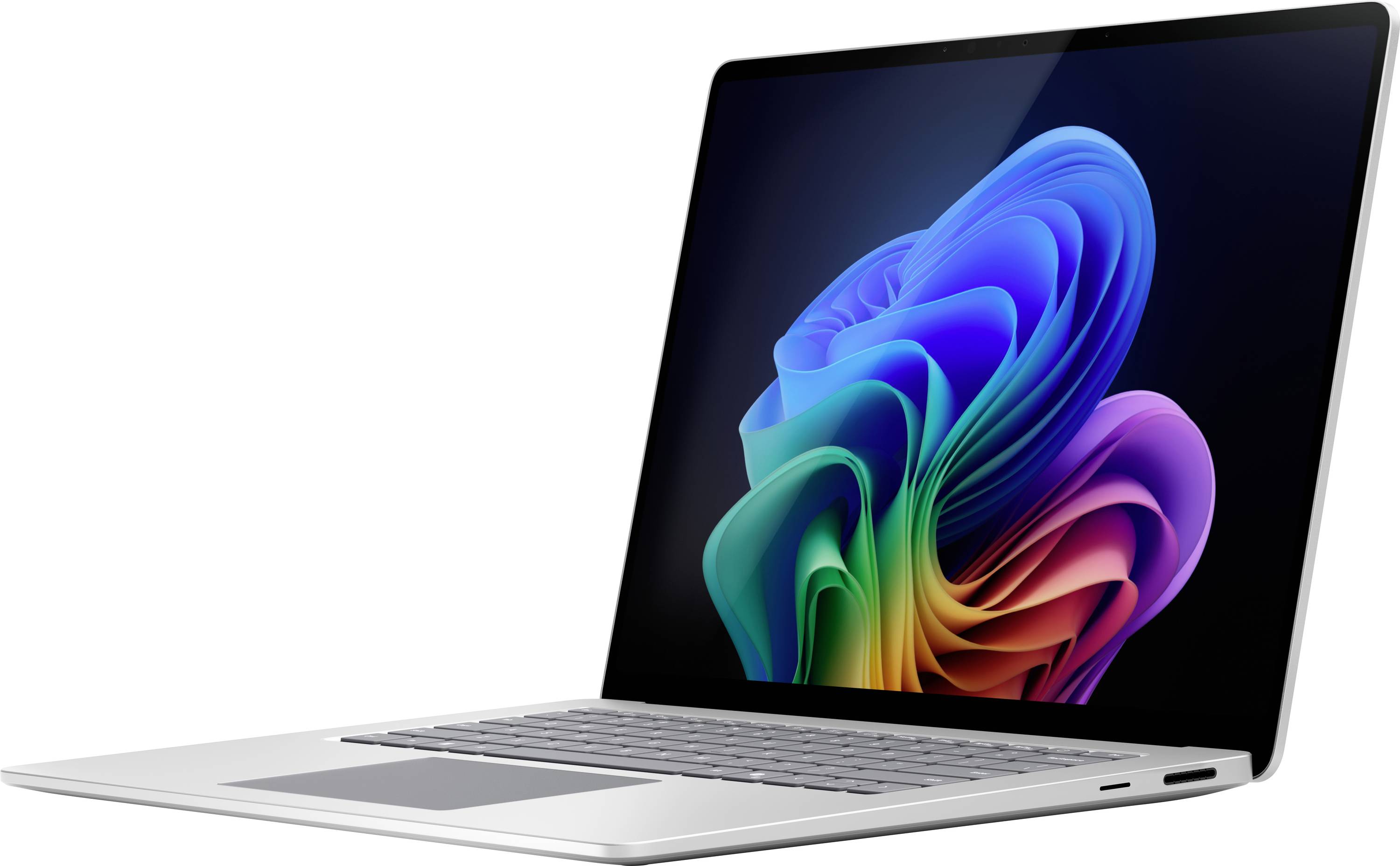 Ein moderner Laptop mit einem Bildschirm, der ein buntes, abstraktes Design zeigt. Der Laptop steht leicht angewinkelt in der rechten Perspektive.