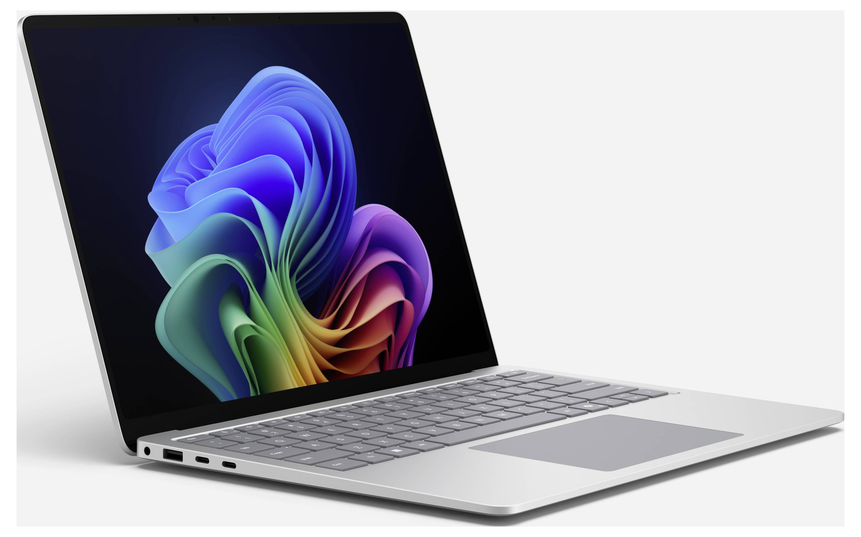 Ein aufgeklappter Laptop mit einem farbigen, wellenförmigen Grafikbildschirm auf weißem Hintergrund.