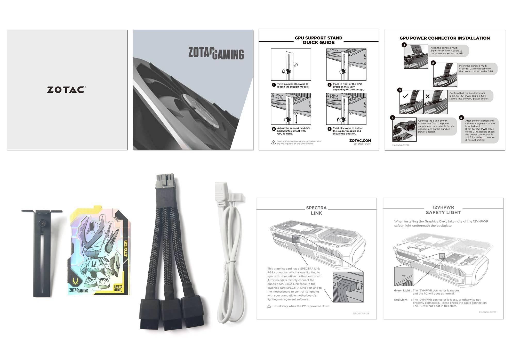 'ZOTAC GAMING' Grafikkarte Zubehör: GPU-Halterung, Stromkabel, Handbuch mit Installationsanleitungen.