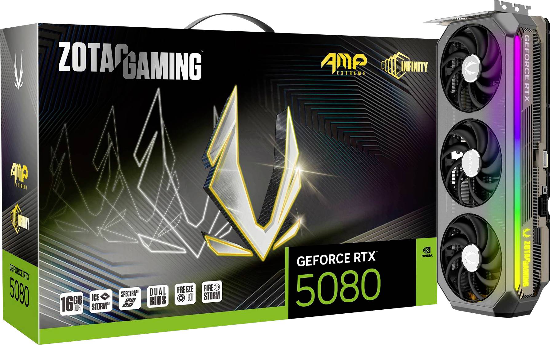 Verpackung und Grafikkarte der ZOTAC Gaming GeForce RTX 5080 AMP mit RGB-Beleuchtung und drei Lüftern, 16GB GDDR6X.