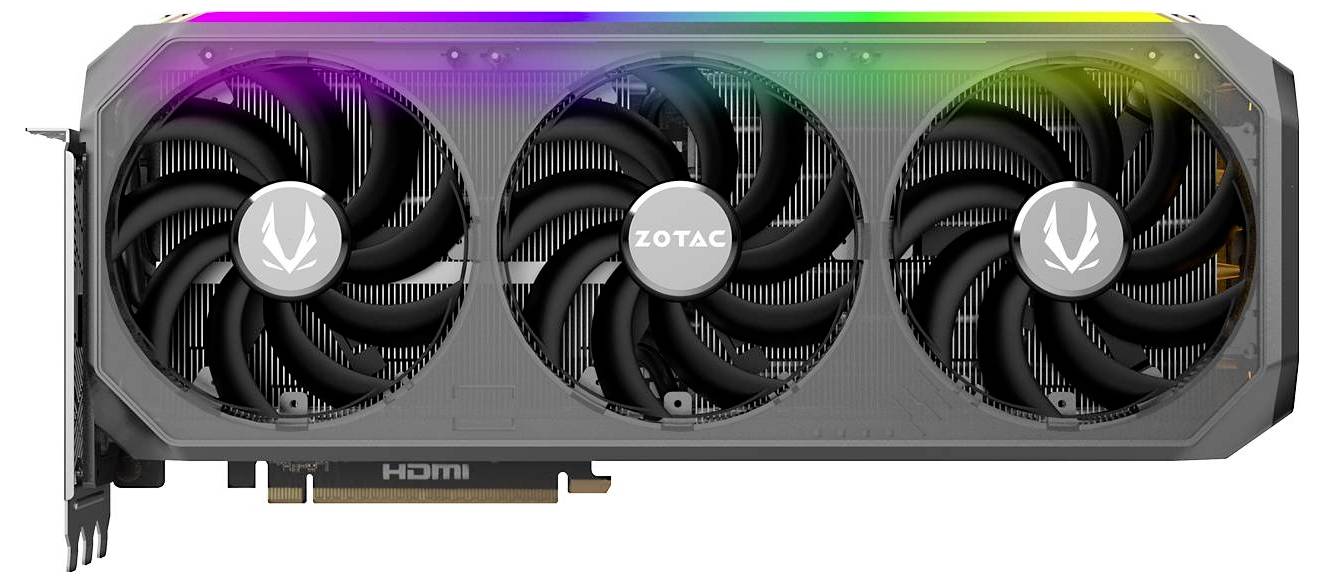 Eine schwarze Grafikkarte mit drei großen Lüftern und einem Regenbogen-LED-Lichtstreifen oben. Markiert mit 'ZOTAC'.