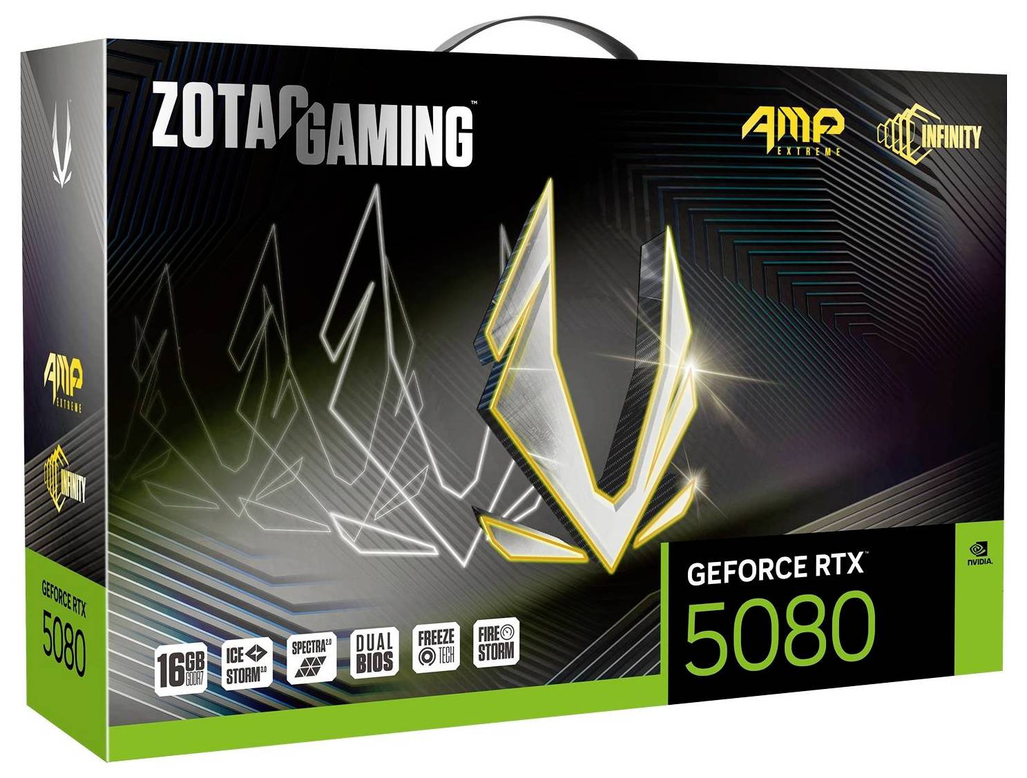 Verpackung einer ZOTAC GAMING GeForce RTX 5080 Grafikkarte mit 16GB; zeigt das Logo und die AMP und FireStorm Features.