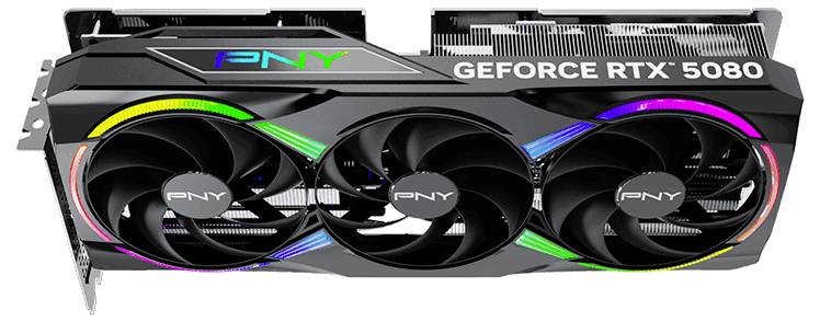 Eine PNY GeForce RTX 5080-Grafikkarte mit drei Lüftern und bunten LED-Leuchten, die für leistungsstarke Computeranwendungen genutzt wird.