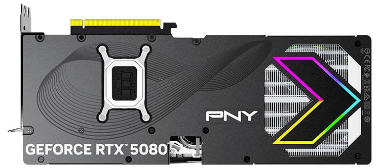 Grafikkarte der Marke PNY mit NVIDIA GeForce RTX 5080. Sichtbar sind das Lüfterdesign und RGB-Beleuchtung in Pfeilform.