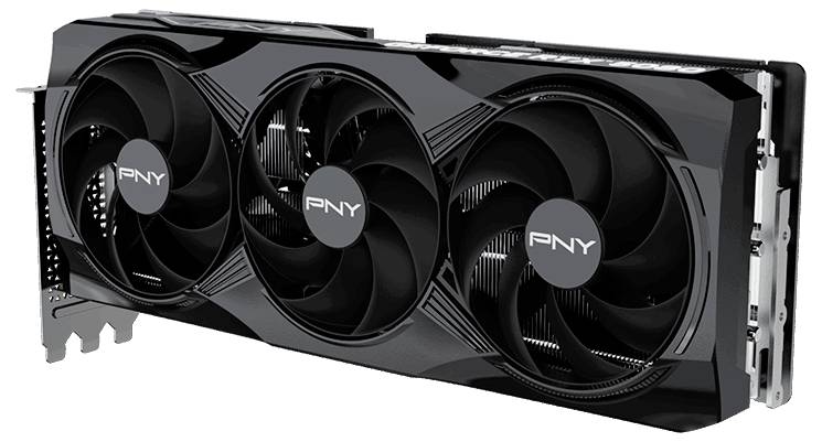 Eine schwarze PNY-Grafikkarte mit drei großen Lüftern, geeignet für leistungsstarke Computeranwendungen und Spiele.