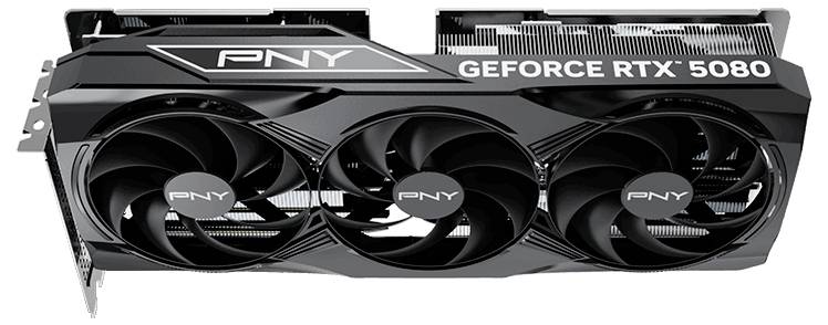 Schwarze Grafikkarte mit drei Lüftern und der Aufschrift 'PNY GeForce RTX 5080' auf der Oberseite.