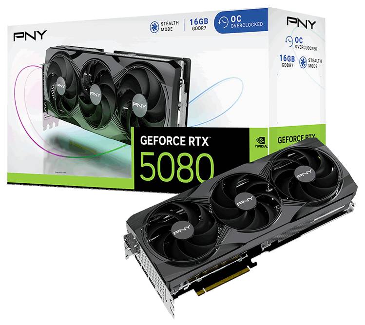 Grafikkarte PNY GeForce RTX 5080 mit Verpackung, betont auf 16GB GDDR7, OC-Modus und drei Lüftern für bessere Kühlung.