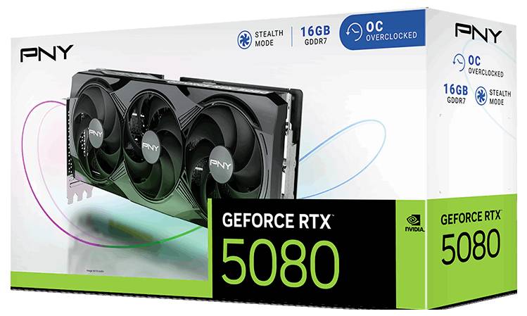 Abbildung einer PNY GeForce RTX 5080 Grafikkarte mit 16 GB GDDR7 Speicher auf der Verpackung. Hervorgehobene Merkmale: 'Stealth Mode' und 'OC Overclocked'.