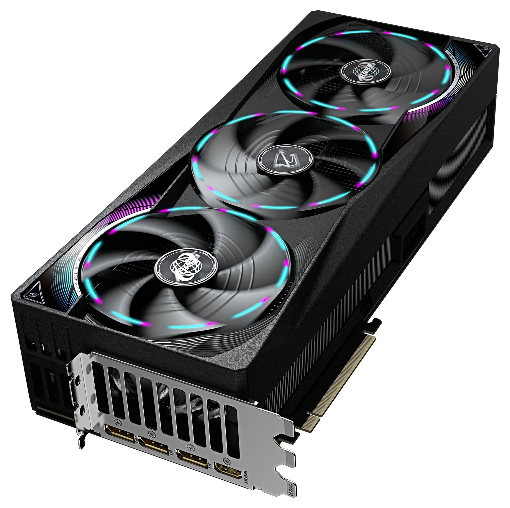 Grafikkarte mit drei Lüftern, RGB-Beleuchtung, mehreren HDMI- und DisplayPort-Anschlüssen. Schwarzes Gehäuse mit Akzentfarben.