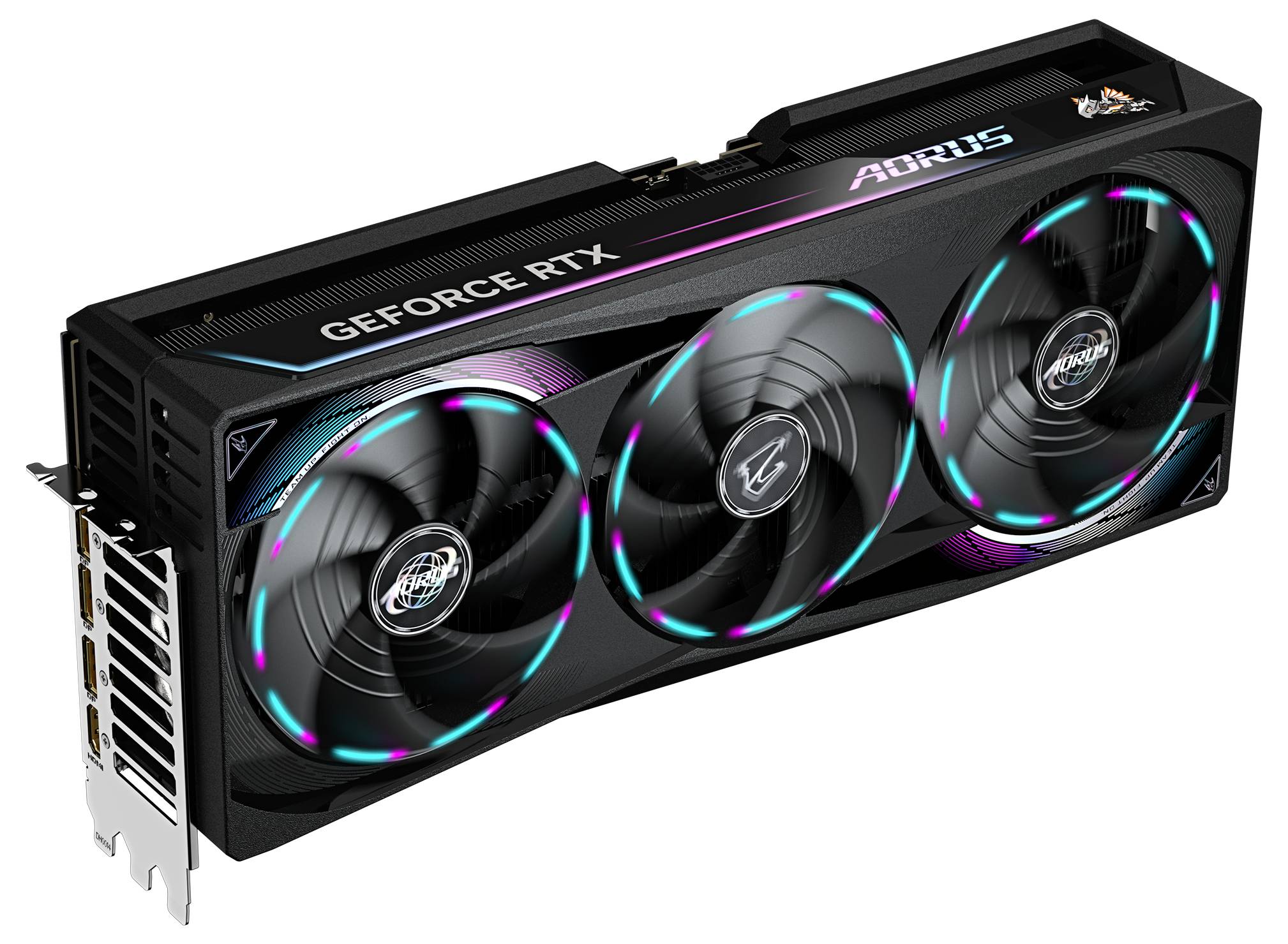 Eine schwarze 'AORUS GeForce RTX' Grafikkarte mit drei Lüftern, RGB-Beleuchtung und mehreren Anschlüssen an der Seite.