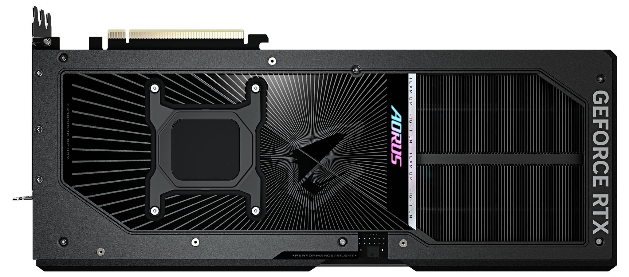 Grafikkarte mit Beschriftung 'GEFORCE RTX'. Schwarzes Design mit RGB-Beleuchtung und Markenlogo. Sichtbar sind Lüfter- und Anschlusssteckplätze.