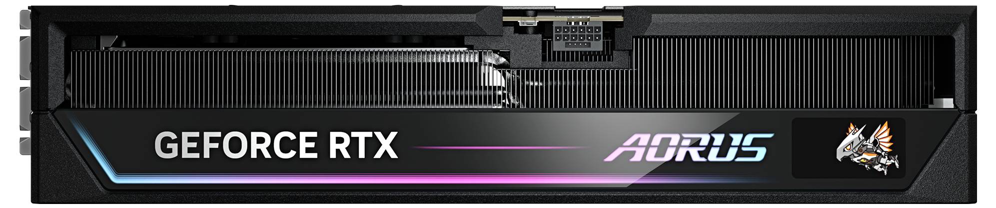 Grafikkarte 'GeForce RTX AORUS' mit markantem Kühlsystem und Beleuchtung. Hauptsächlich in Schwarz mit Herstellerlogo.