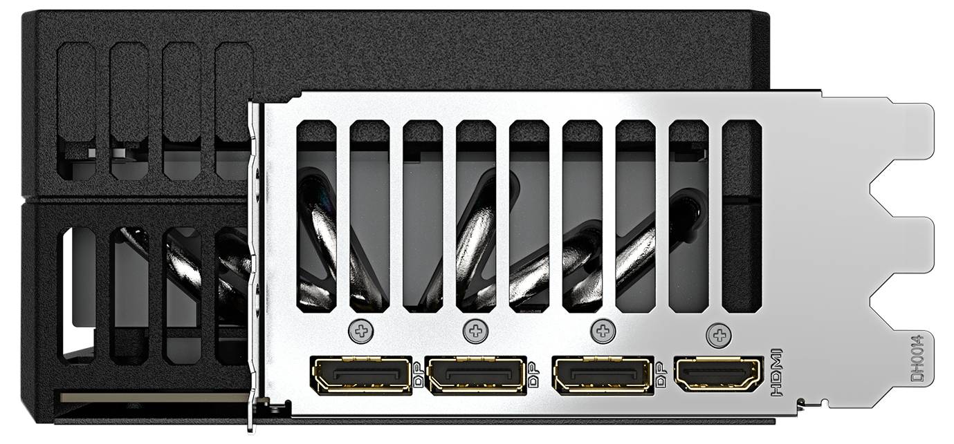 Eine Computer-Grafikkarte mit vier HDMI-Anschlüssen an der unteren Kante, geeignet für den Anschluss mehrerer Monitore.