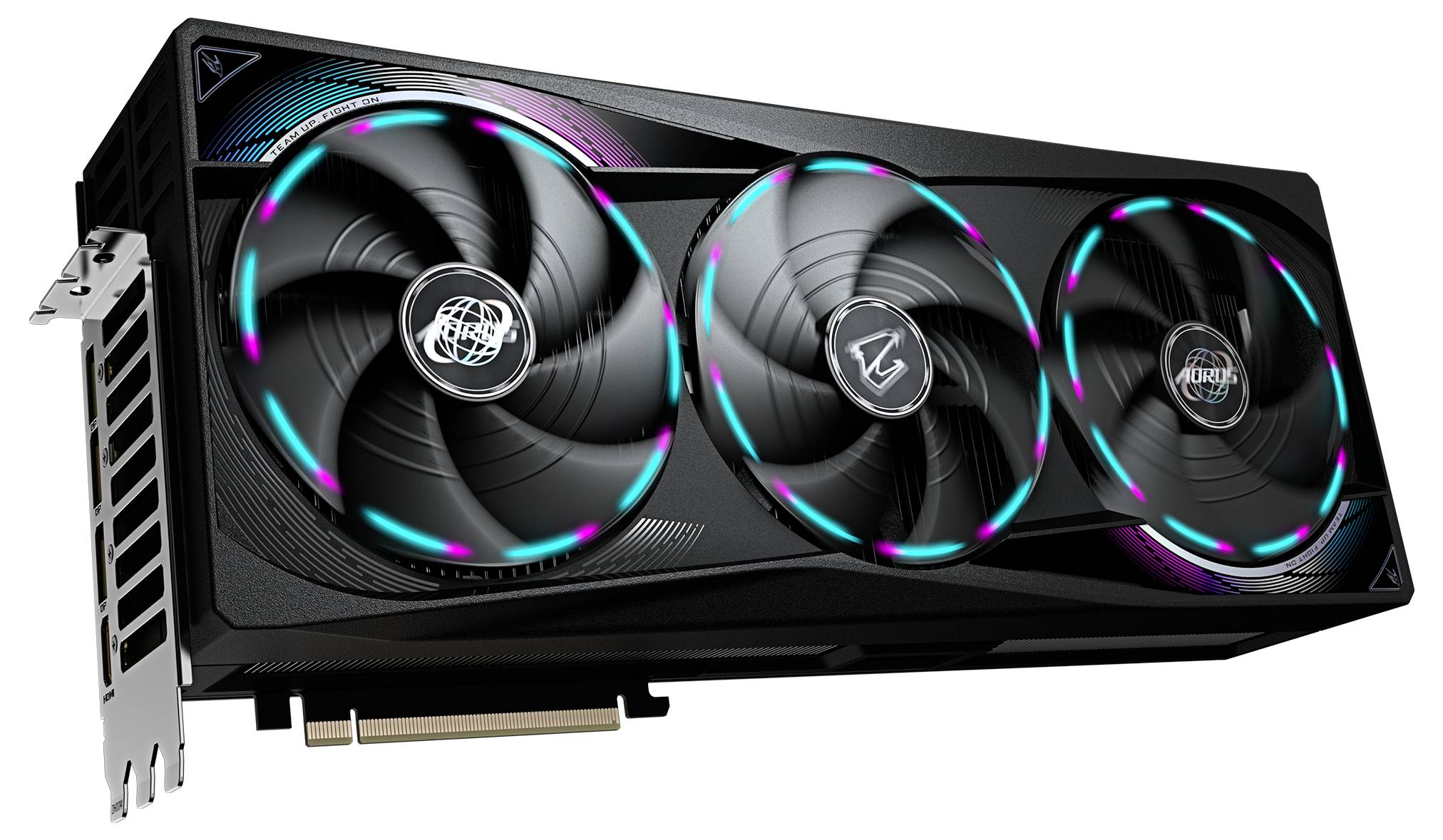 Dreifache Grafikkarte mit RGB-beleuchteten Lüftern, schwarzem Gehäuse; geeignet für Hochleistungs-Gaming-PCs.