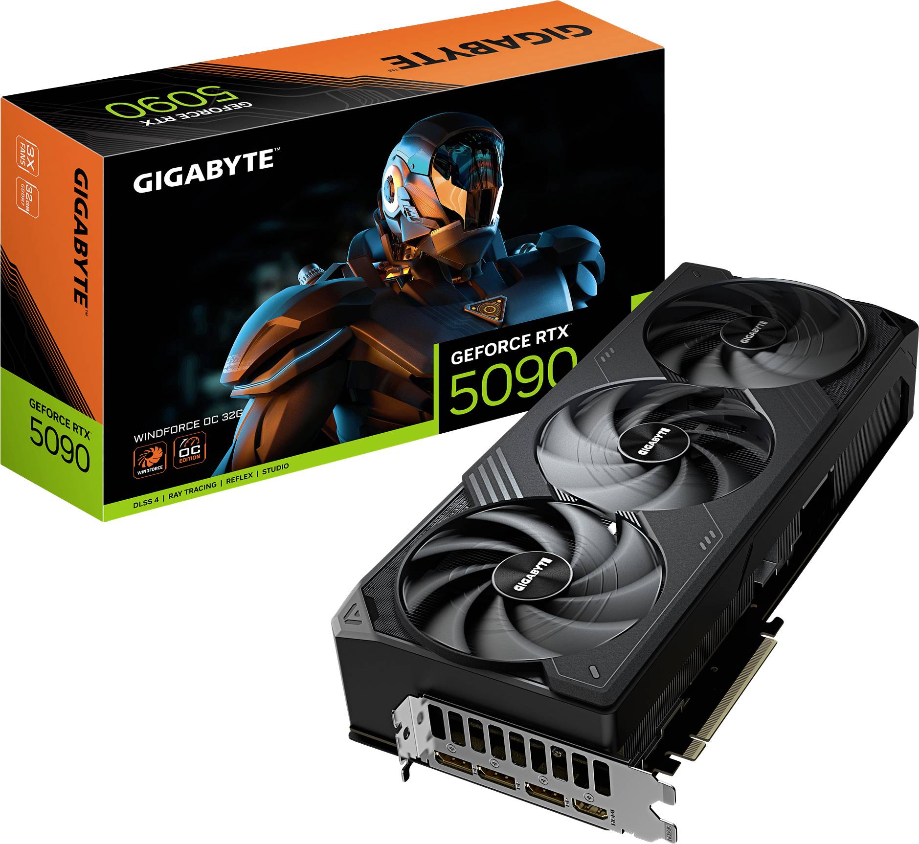 'GIGABYTE GeForce RTX 5090' Grafikkarte vor der Verpackung, die ein futuristisches Roboter-Design zeigt. Rechte Seite zeigt Kühlventilatoren.