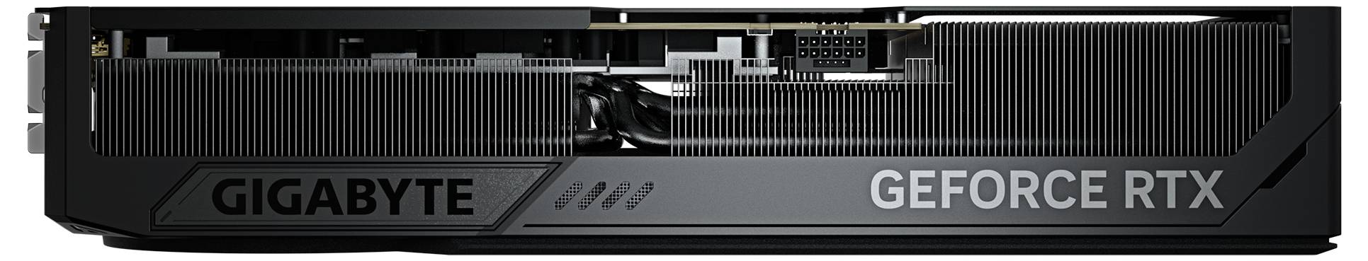 Grafikkarte der Marke Gigabyte, Modell GeForce RTX, mit schwarzem Kühlkörper und Lüfter. Text: 'GIGABYTE', 'GEFORCE RTX'.