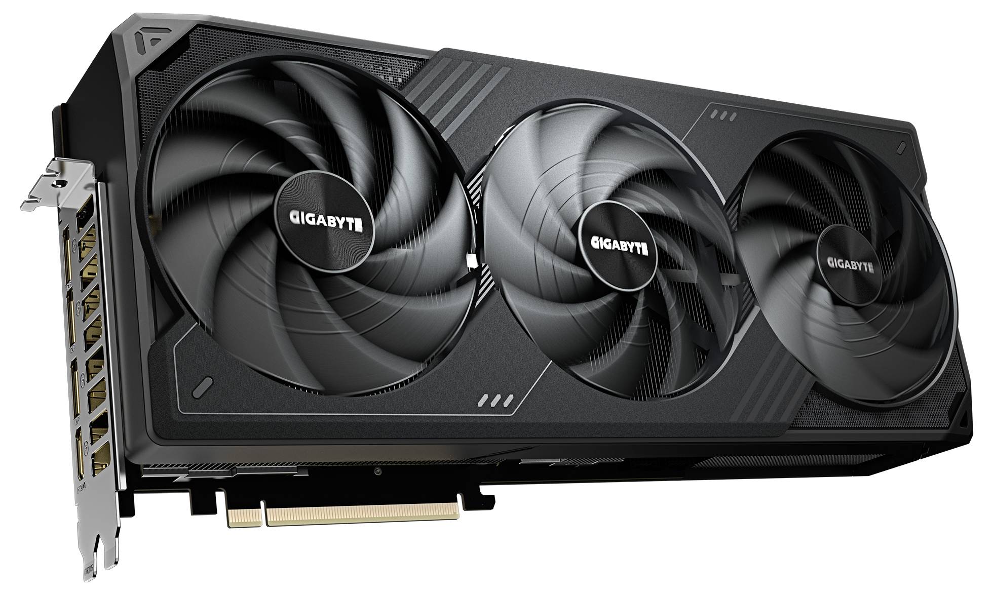 Grafikkarte mit drei großen Lüftern und schwarzem Gehäuse. Markierung 'GIGABYTE' auf den Lüftern. Slots für Anschluss an PC.