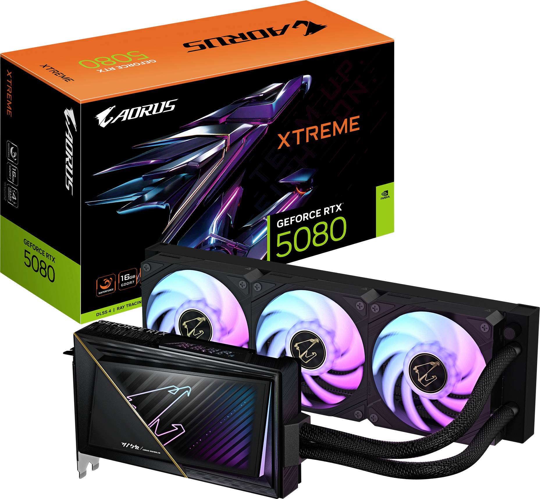 AORUS RTX 5080 Xtreme Grafikkarte mit RGB-beleuchtetem Lüfter und Display auf der Vorderseite. Verpackung im Hintergrund.