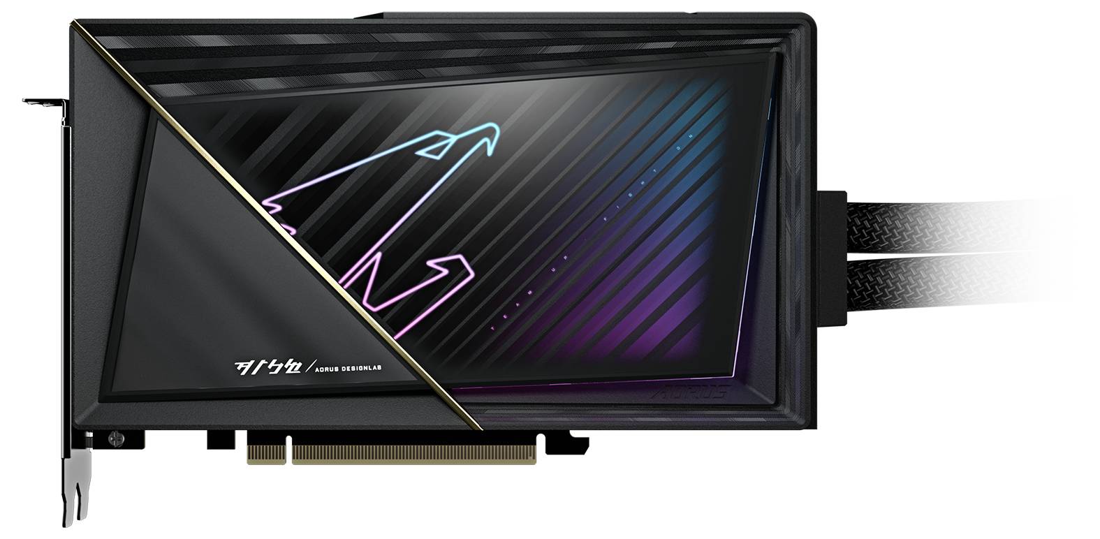 Eine schwarze Grafikkarte mit einem leuchtenden Logo in Blau und Lila. Sie hat einen schlanken, modernen Look mit mehreren Kabelanschlüssen.
