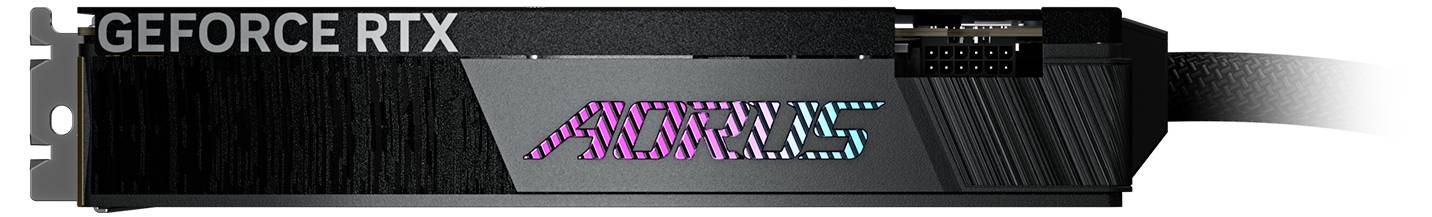 'Geforce RTX' Grafikkarte mit beleuchtetem 'AORUS'-Schriftzug, seitliche Ansicht, zeigt Steckplätze und Anschlüsse.
