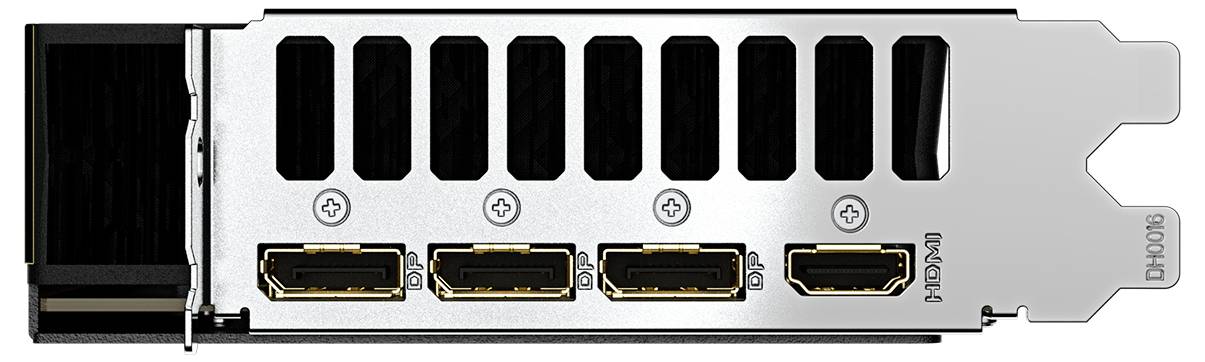 Grafikkarte mit vier HDMI-Anschlüssen und einer belüfteten Abdeckung. Die Anschlüsse sind in einer Reihe angeordnet, umgeben von Lüftungsschlitzen.
