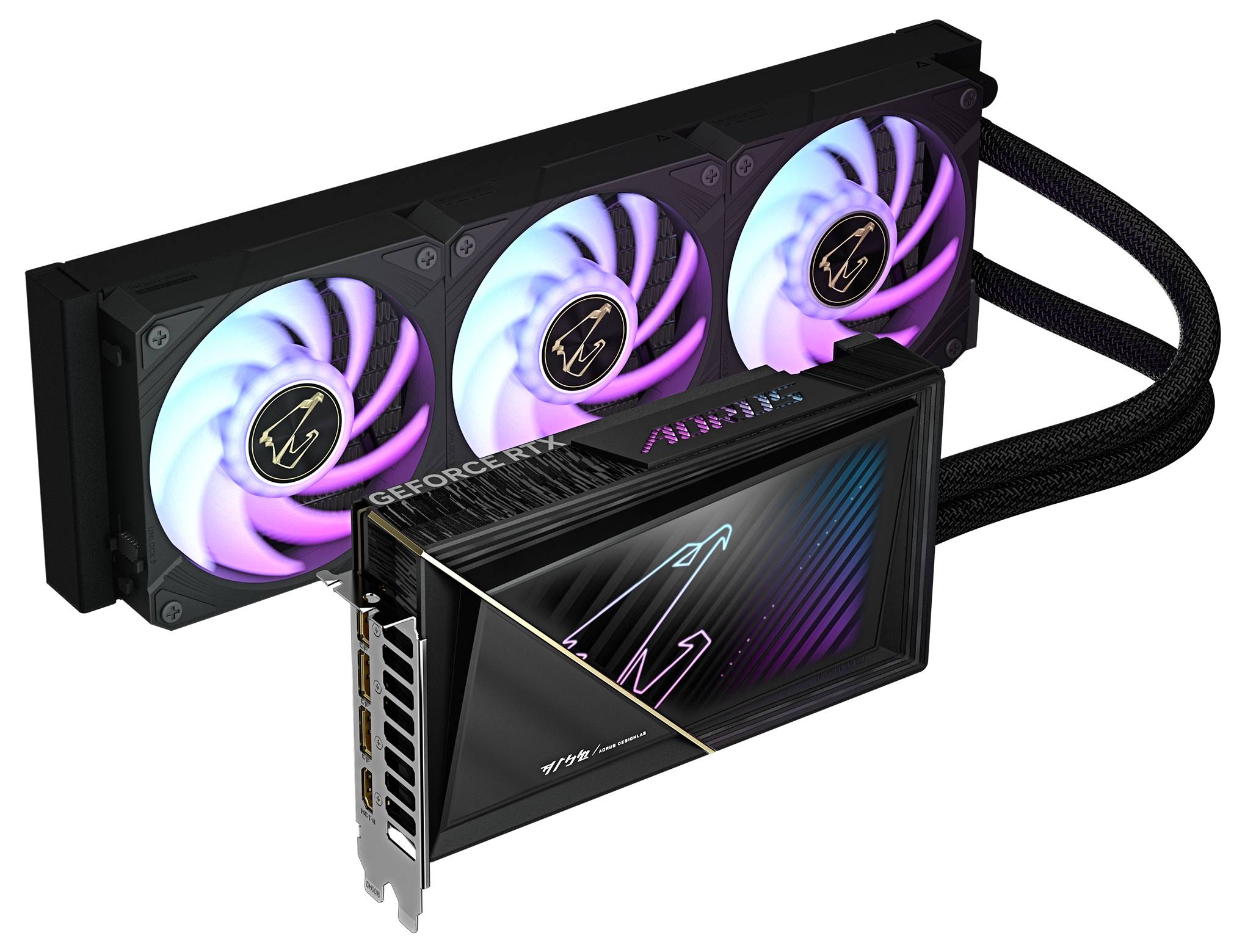 Grafikkarte mit drei RGB-Lüftern und integrierter Kühlung, geeignet für leistungsstarke Computer und Gaming.