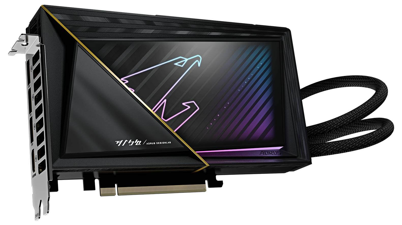 Grafikkarte mit LED-Logo und PCIe-Steckplatz rechts neben belüfteter Seitenwand. Schwarzes, modernes Design mit RGB-Beleuchtung.