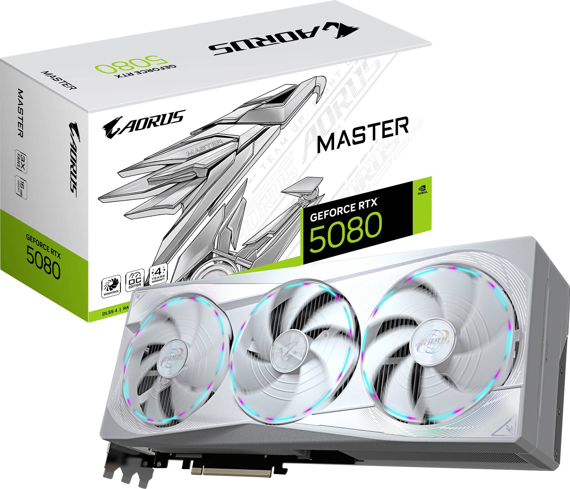 Grafikkarte 'GeForce RTX 5080' von AORUS im Bild, gezeigt mit Verpackung. Die Karte hat drei Lüfter mit RGB-Beleuchtung.