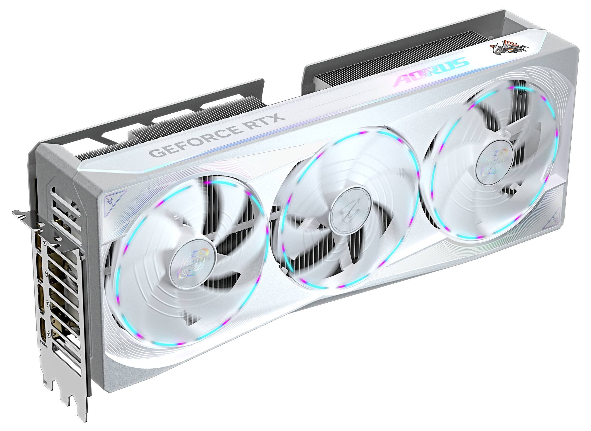 Eine Gaming-Grafikkarte mit drei Lüftern, beschriftet mit 'GeForce RTX' und 'AORUS', zeigt ein modernes Kühlungsdesign.