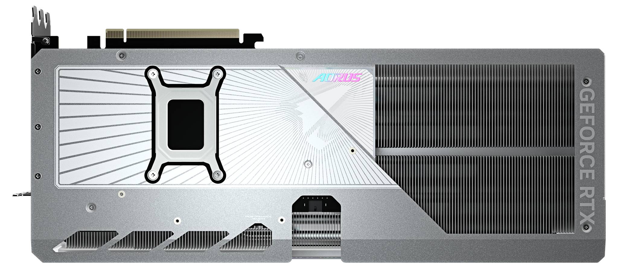 Grafikkarte der RTX-Serie, seitliche Ansicht mit silbernem Gehäuse und Lüftungsschlitzen; Markenlogo 'AORUS' auf der Oberseite sichtbar.