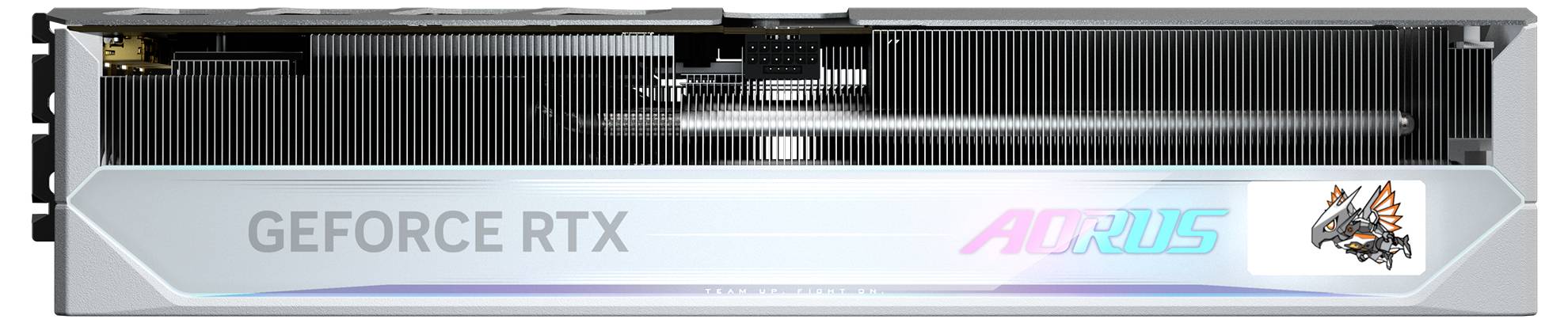 Eine Grafikkarte mit der Aufschrift 'GEFORCE RTX' und 'AORUS', silbernes Design und AORUS-Logo auf der rechten Seite.