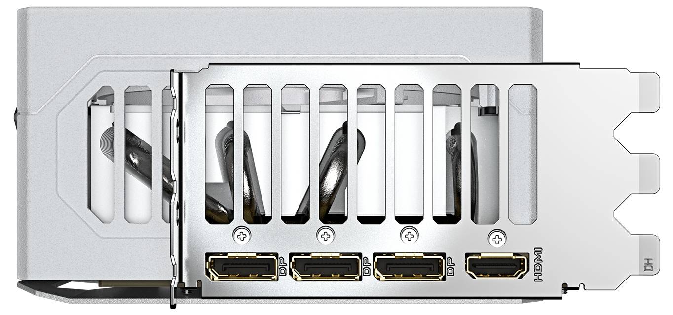 Die Abbildung zeigt eine Computer-Erweiterungskarte mit mehreren HDMI-Anschlüssen in einer Metallhalterung.