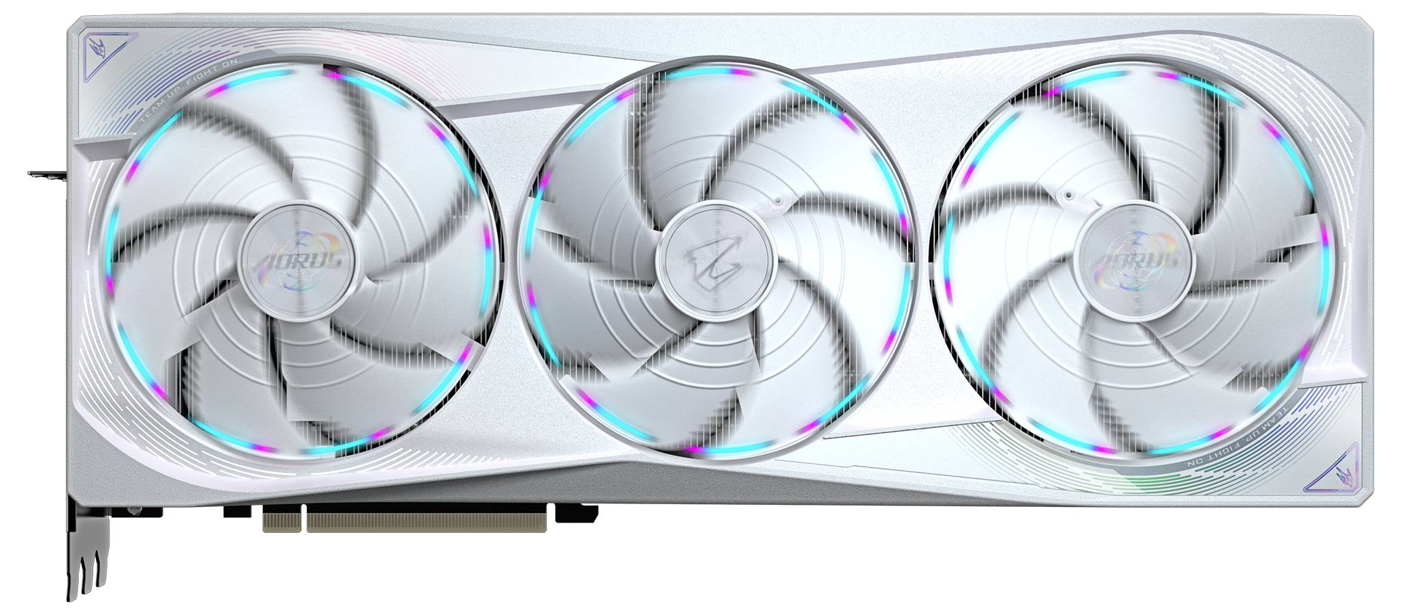 Weiße Grafikkarte mit drei großen Lüftern und LED-Beleuchtung. Sie zeigt das Logo 'ZOTAC Gaming' und hat ein modernes Design.