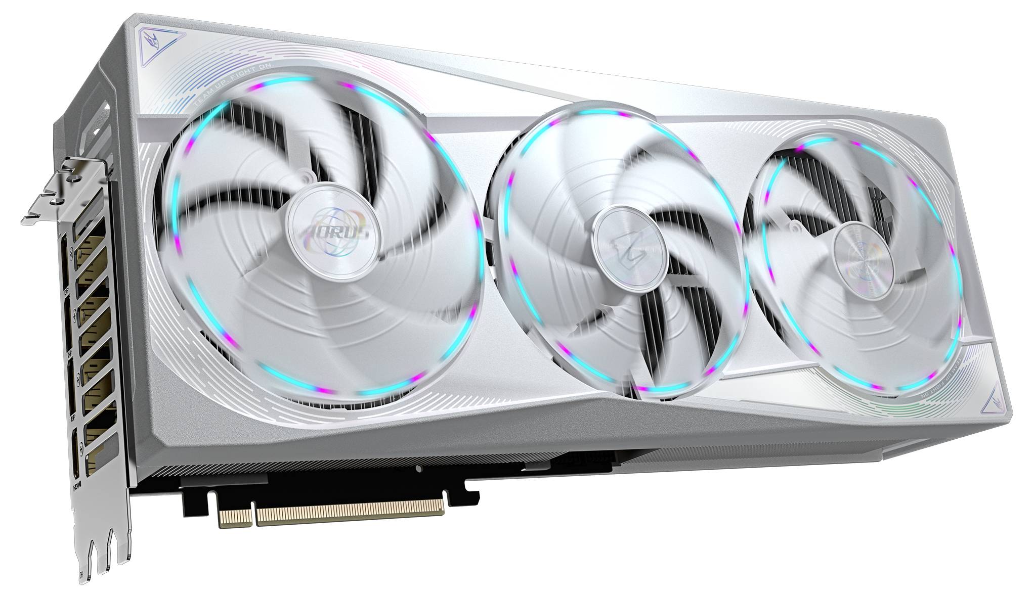 Grafikkarte mit drei Lüftern und RGB-Beleuchtung, silbernes Gehäuse. Entworfen für leistungsstarke Computeranwendungen und Gaming.