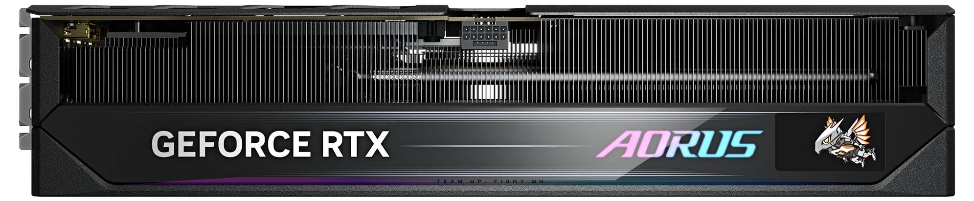 Grafikkarte in schwarz, seitliche Ansicht. 'GeForce RTX' und 'Aorus'-Logos sind sichtbar. Enthält farbige LED-Streifen.