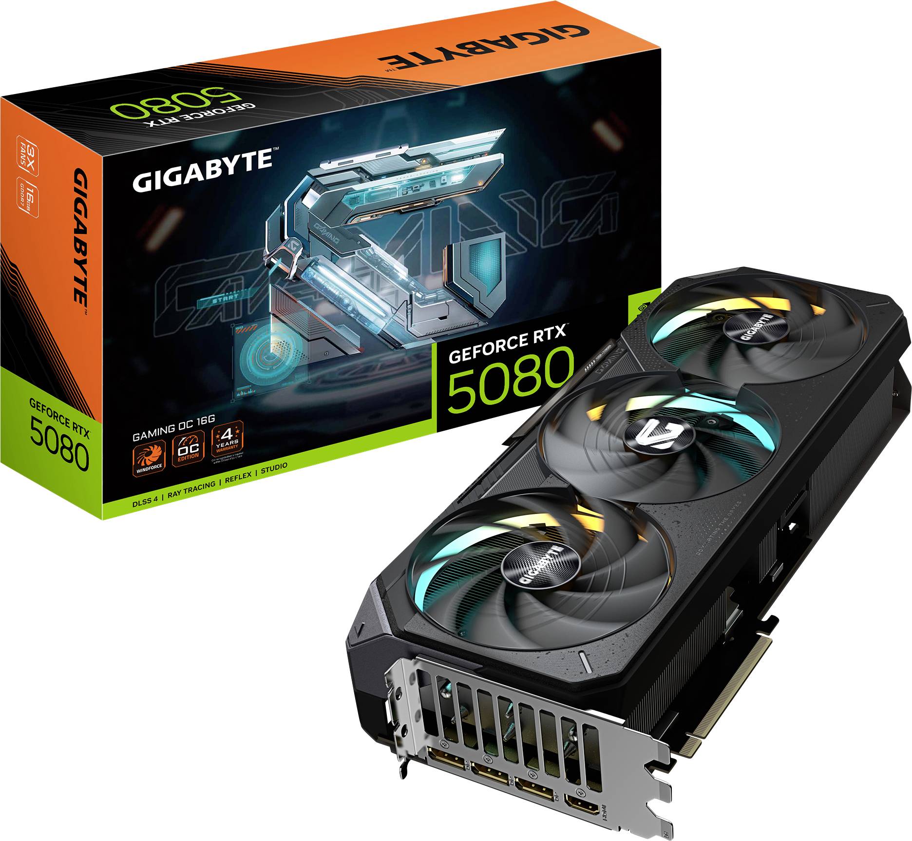 Grafikkarte von Gigabyte, Modell GeForce RTX 5080, mit drei Lüftern, abgebildet neben der Produktverpackung.