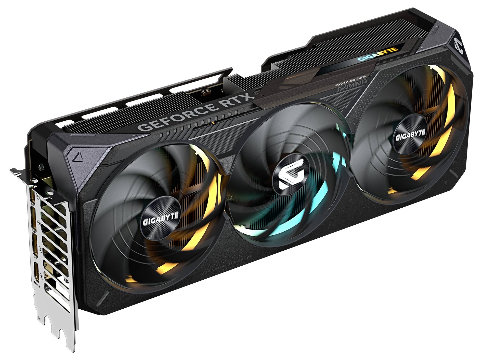Eine schwarze Grafikkarte der Marke GIGABYTE mit drei Lüftern und der Aufschrift 'GEFORCE RTX' auf der Oberseite.